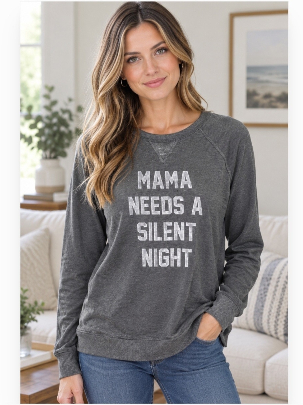 Womens Size Small Charcoal Gray "Mama Needs a Silent Night" Pullover Sweatshirt